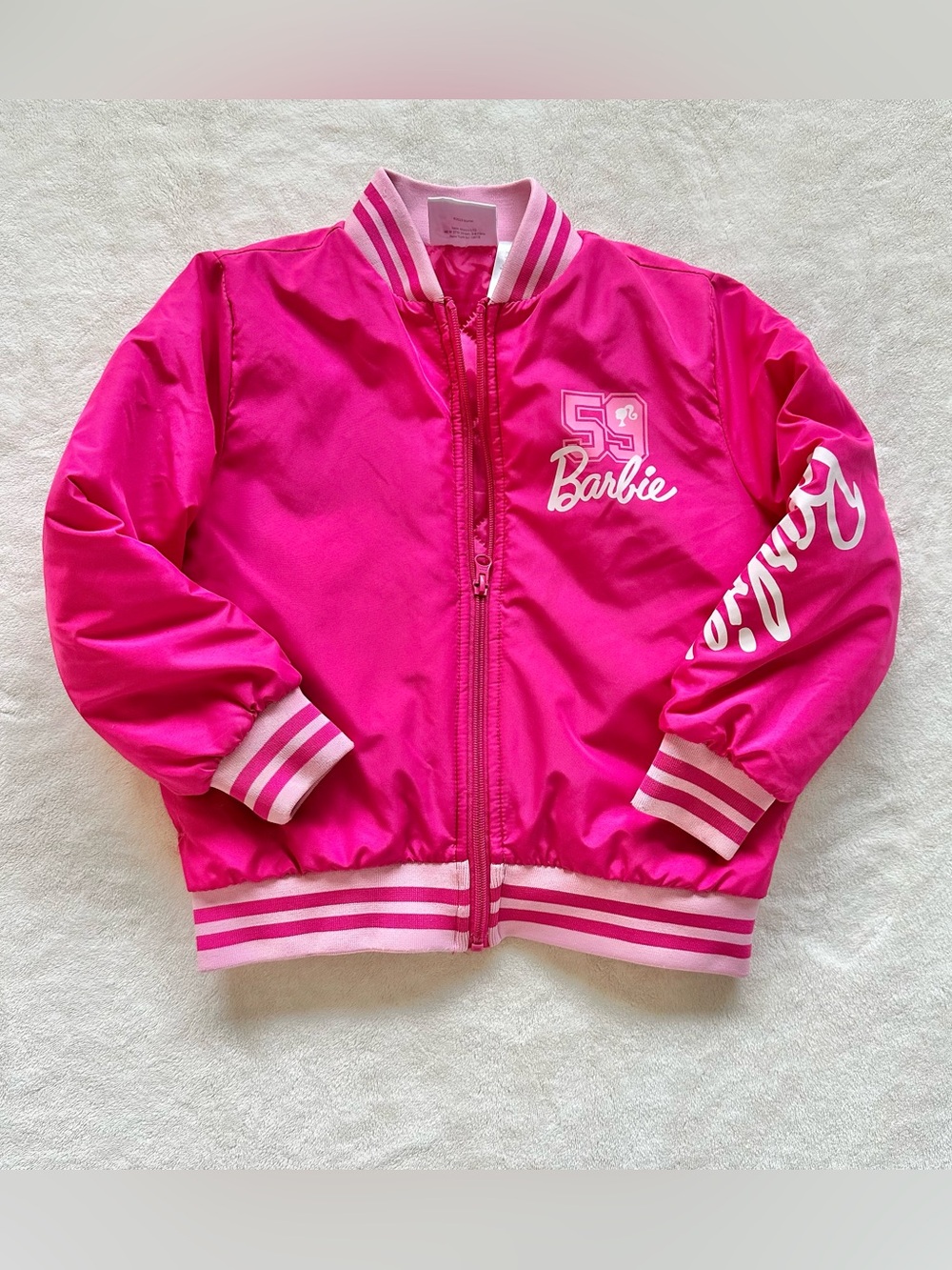 Barbie Hot Pink and White Striped Bomber Jacket girls 6/6x